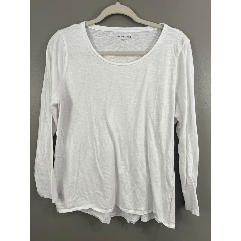 Eileen Fisher Top Womens PL Large White Good Organic Cotton Long Sleeve Slub Tee